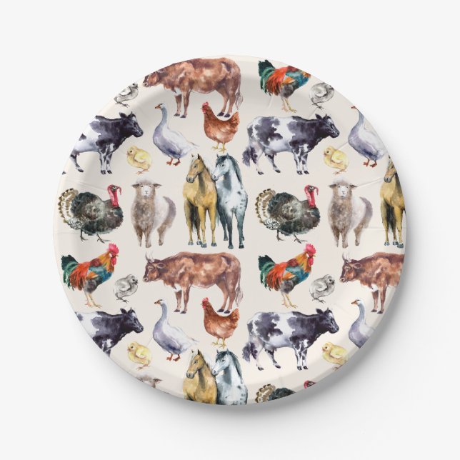 Farm animals pattern watercolor paper plate (Front)