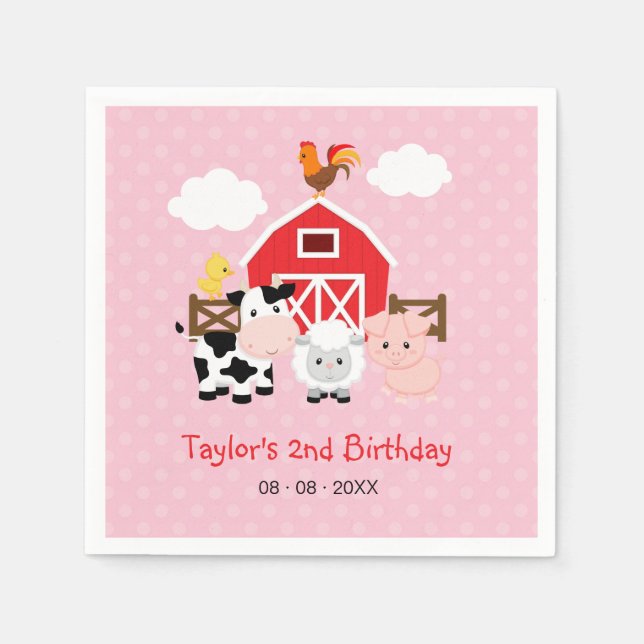 Farm Animals Personalised Birthday (Pink for Girl) Napkin (Front)