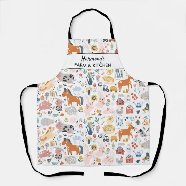 Farm Animals Pig Horse Cow Barn Yard Custom Text A Apron (Front)