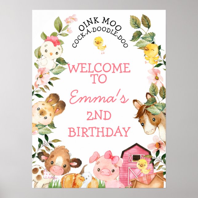 Farm Animals Pink Barn Birthday Welcome Poster (Front)