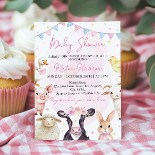 Farm Animals Pink Barnyard Baby Shower Invitation