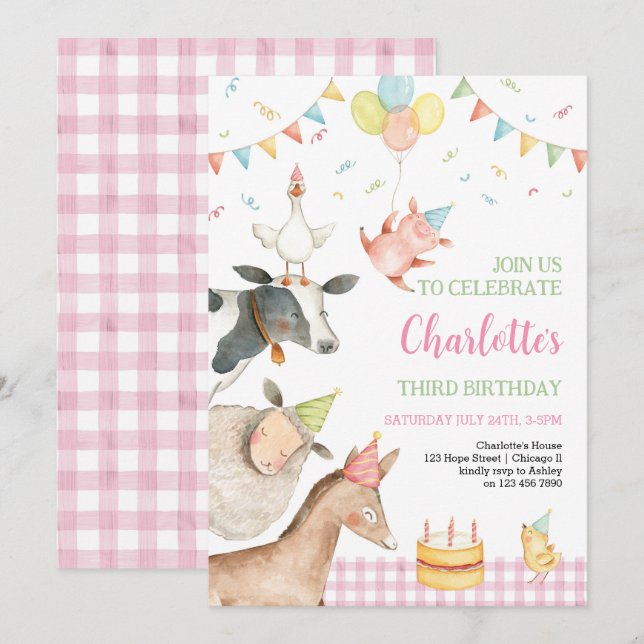 Farm Animals Pink Barnyard Girl 3rd Birthday  Invitation (Front/Back)