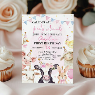 Farm Animals Pink Barnyard Girl First Birthday Invitation