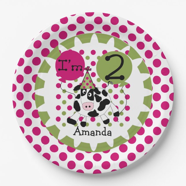 Farm Animals Pink Cow 2nd Birthday Paper Plates (Front)