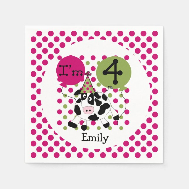 Farm Animals Pink Cow 4th Birthday Paper Napkins (Front)
