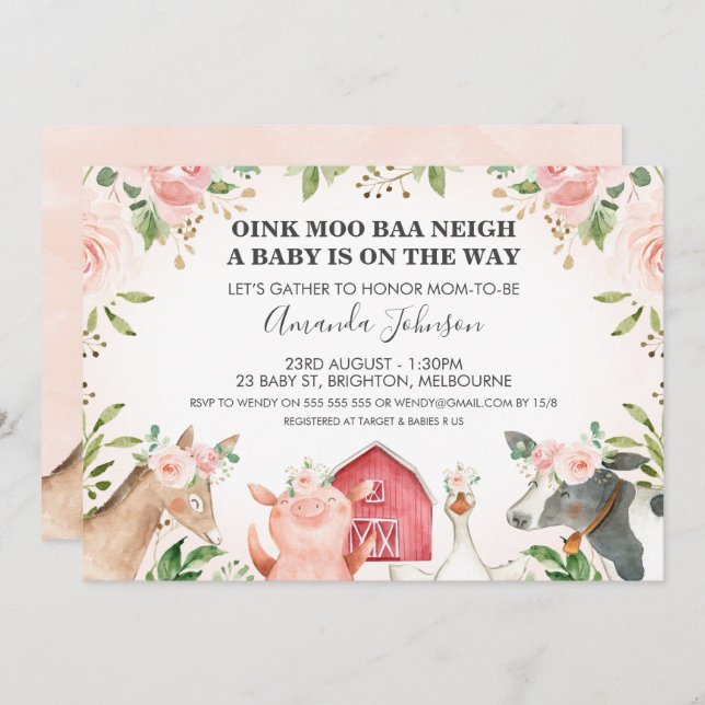 Farm Animals Pink Floral Baby Shower Invitation (Front/Back)