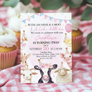 Farm Animals Pink Girl Barnyard 2nd Birthday  Invitation