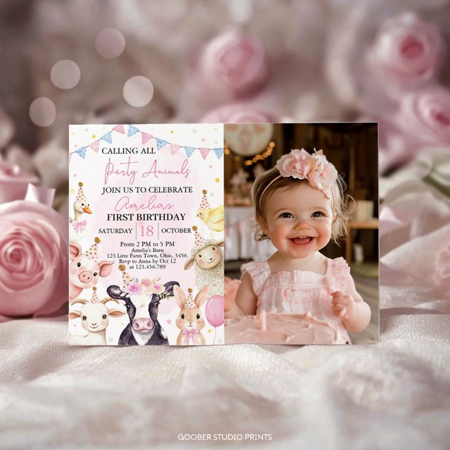 Farm Animals Pink Girl Birthday Photo Invitation (Creator Uploaded)