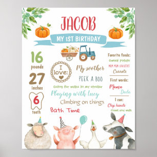 Farm Animals Pumpkin First Birthday Boy Milestones Poster