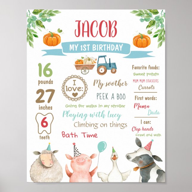 Farm Animals Pumpkin First Birthday Boy Milestones Poster (Front)