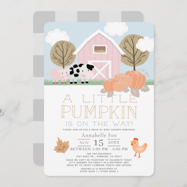 Farm Animals Pumpkin Pink Drive-by Baby Shower Invitation (Front/Back)