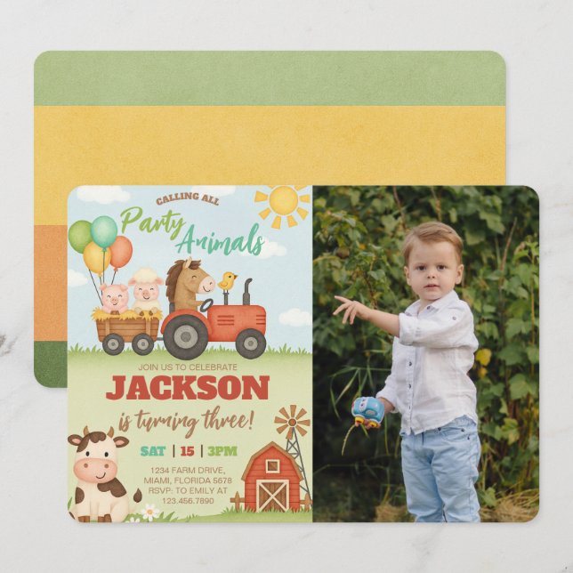 Farm Animals Ranch Kids Birthday Photo Invitation (Front/Back)