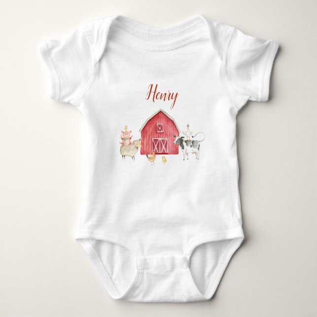 Farm Animals & Red Barn Birthday Party T-Shirt Baby Bodysuit (Front)