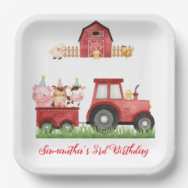 Farm Animals Red Boy Barnyard Birthday Party Paper Plate (Front)