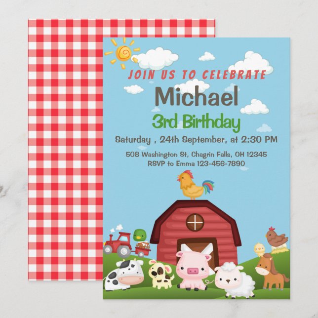 Farm Animals Red Gingham Barnyard Birthday Invitat Invitation (Front/Back)