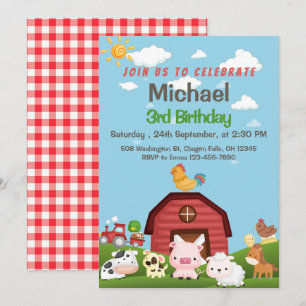 Farm Animals Red Gingham Barnyard Birthday Invitat Invitation