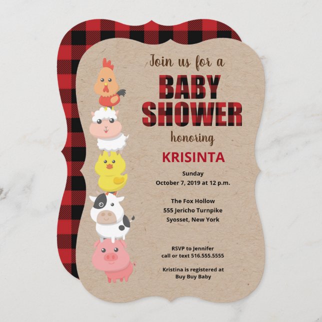 Farm Animals Red Plaid Baby Shower Invitation (Front/Back)