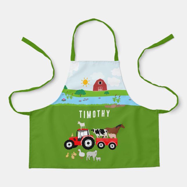 Farm Animals & Red Tractor Barnyard Custom Name Apron (Front)