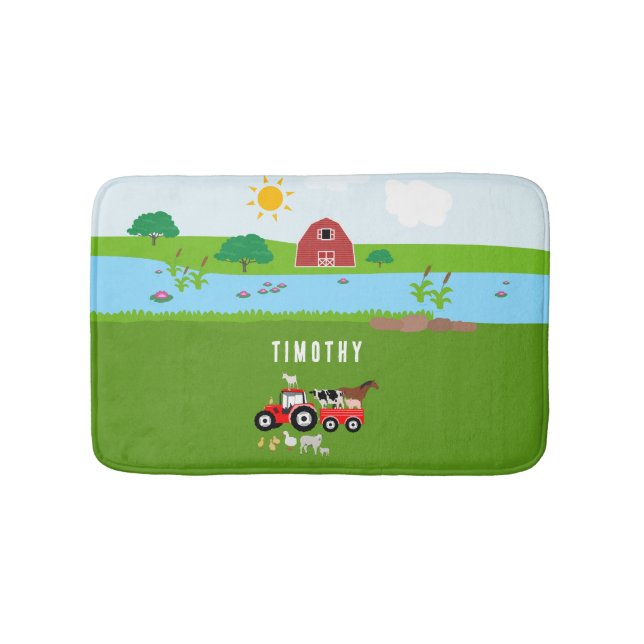 Farm Animals & Red Tractor Barnyard Custom Name  Bath Mat (Front)