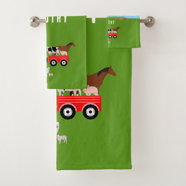 Farm Animals & Red Tractor Barnyard Custom Name Bath Towel Set (Insitu)