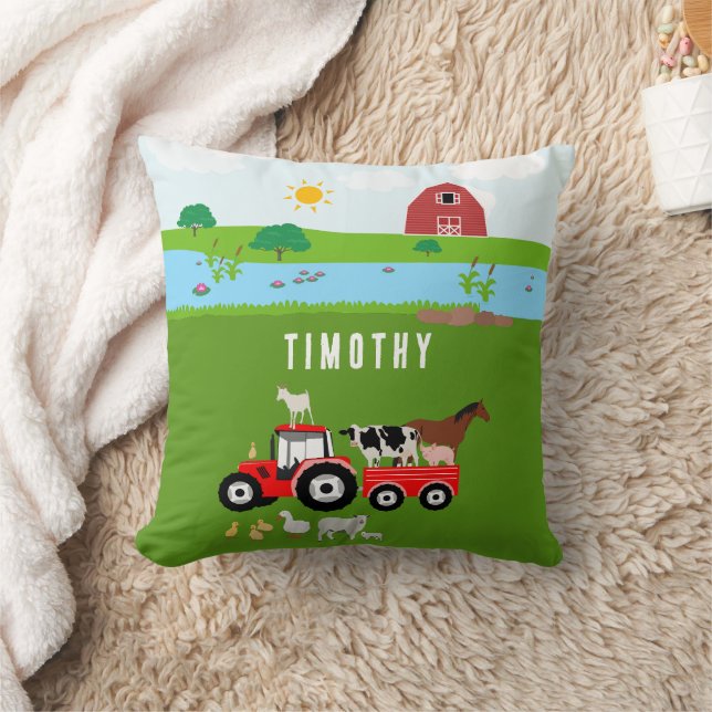 Farm Animals & Red Tractor Barnyard Custom Name Cushion (Blanket)