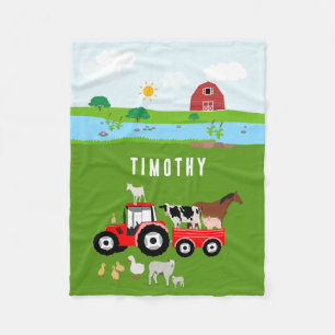 Farm Animals & Red Tractor Barnyard Custom Name  Fleece Blanket