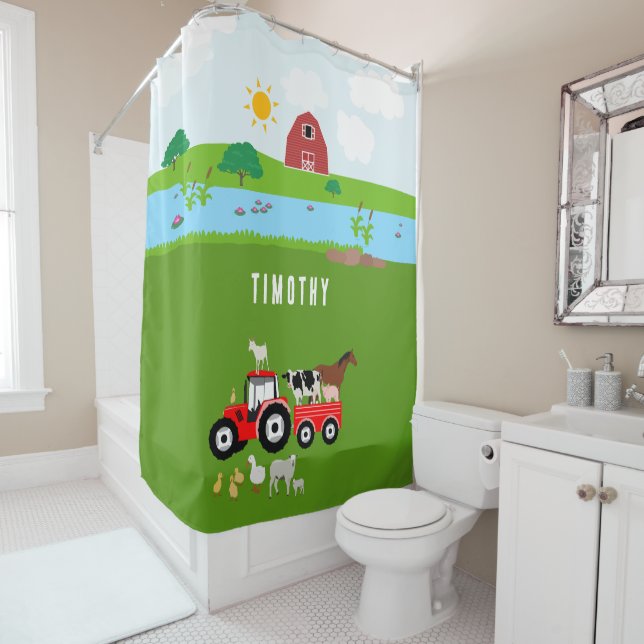 Farm Animals & Red Tractor Barnyard Custom Name Shower Curtain (In Situ)
