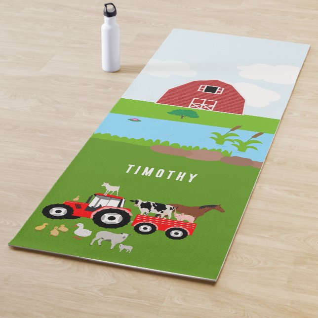 Farm Animals & Red Tractor Barnyard Custom Name Yoga Mat (In Situ)