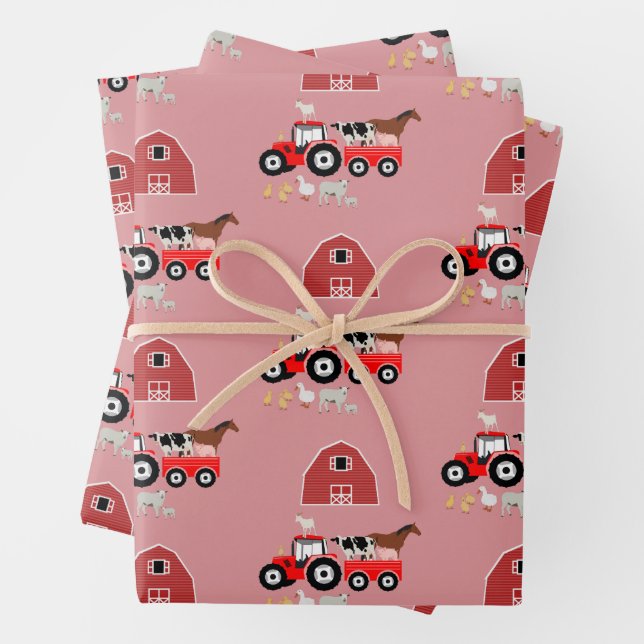 Farm Animals & Red Tractor Barnyard Girls Pattern  Wrapping Paper Sheet (In situ)