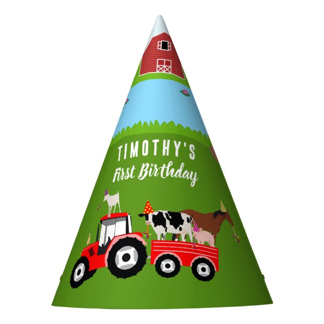 Farm Animals & Red Tractor Birthday Party Theme Hat (Front)