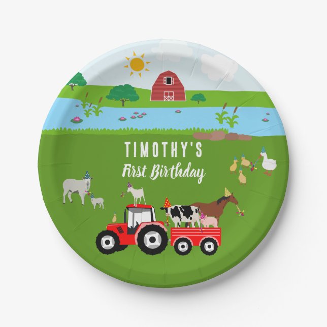 Farm Animals & Red Tractor Birthday Party Theme Paper Plate (Front)