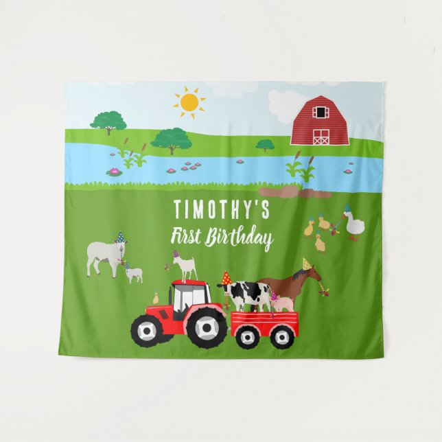 Farm Animals & Red Tractor Birthday Party Theme  Tapestry (Front (Horizontal))