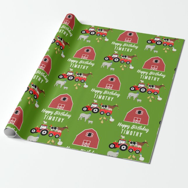Farm Animals & Red Tractor Birthday Party Theme Wrapping Paper (Unrolled)