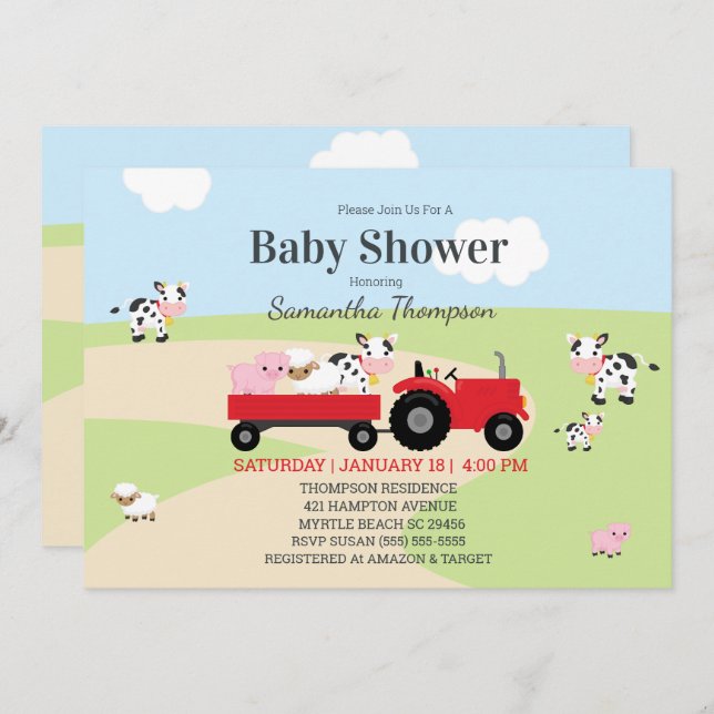 Farm Animals Red Tractor Boys Baby Shower Invitation (Front/Back)