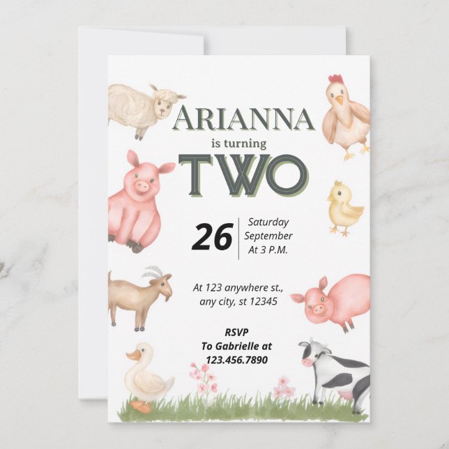 Farm Animals Second Birthday Invitation (Front)