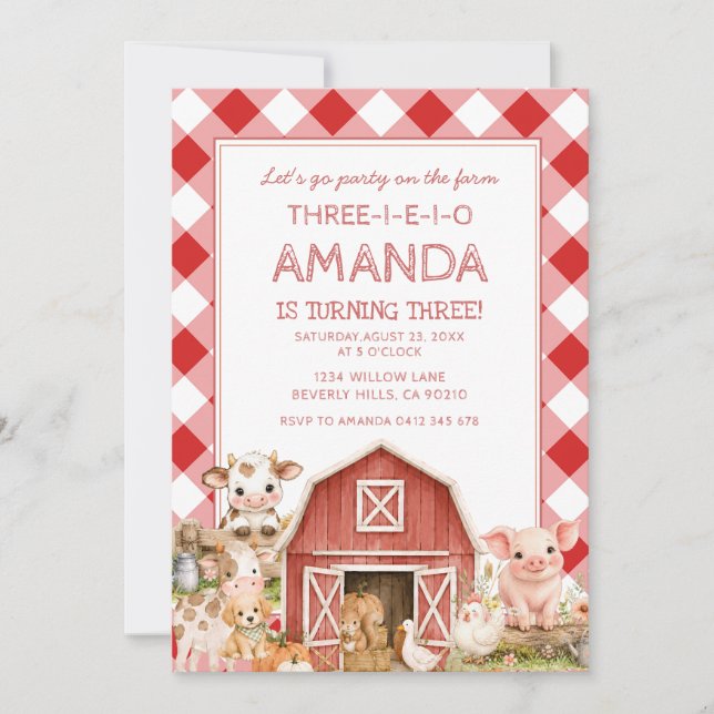 Farm Animals Three-I-E-I-O 3rd Birthday Invitation (Front)
