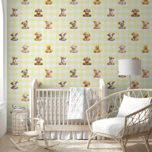 Farm Animals Toys Yellow Plaid Baby Nursery Wallpaper