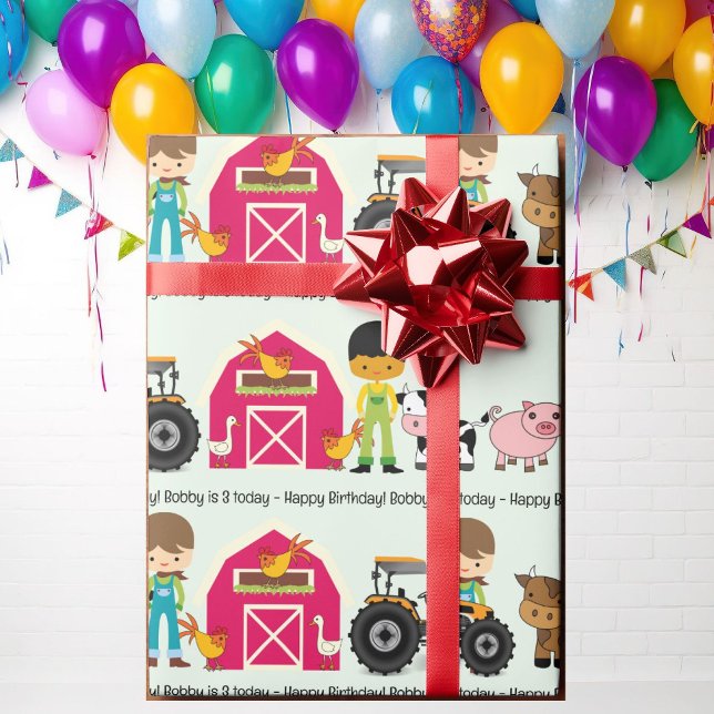 Farm Animals Tractor Add Child's Name Age Wrapping Paper (Creator Uploaded)