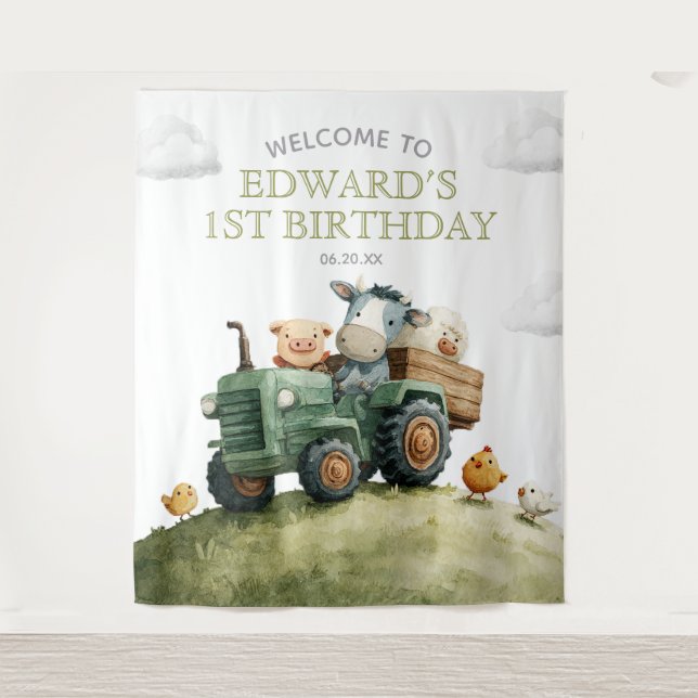 Farm Animals Tractor Birthday Photo Backdrop Tapestry (Front)