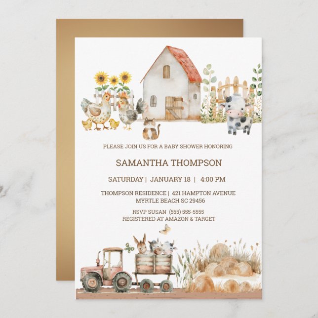 Farm Animals Tractor Boys Baby Shower Invitation (Front/Back)
