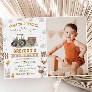 Farm Animals Tractor Kids 1st Birthday Photo Invitation