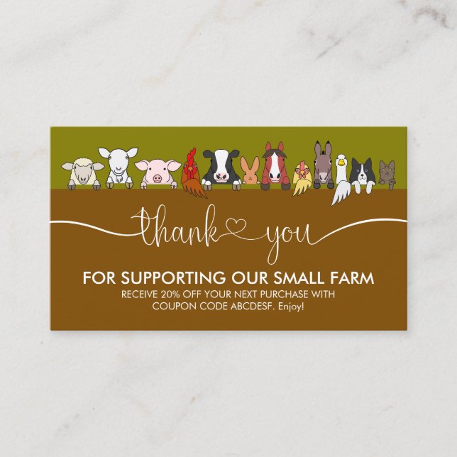 Farm Animals Veterinary Office Thank You Business Card (Front)