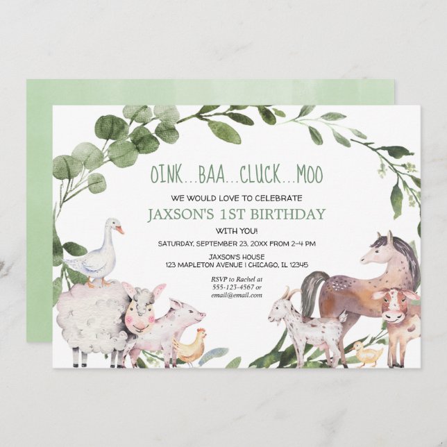 Farm animals watercolor barnyard boy birthday invitation (Front/Back)