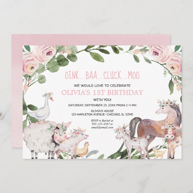 Farm animals watercolor barnyard girl birthday invitation (Front/Back)