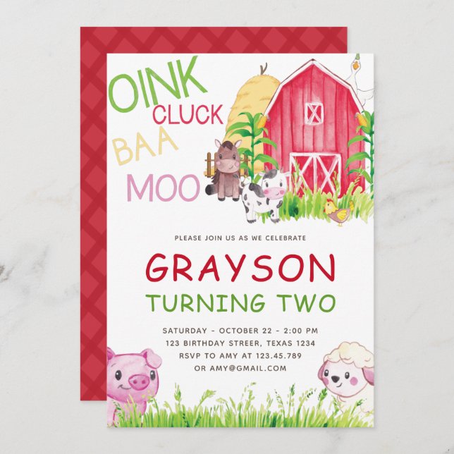 Farm Animals Watercolor  Birthday Invitation (Front/Back)