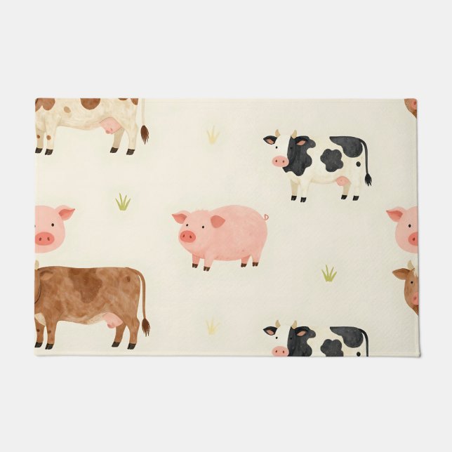 Farm Animals Watercolor Cute Pattern Doormat (Front)