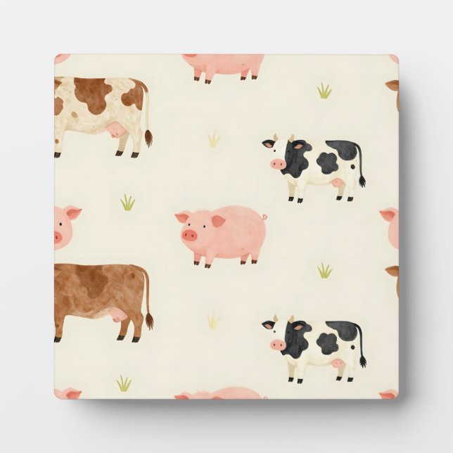 Farm Animals Watercolor Cute Pattern Plaque (Front)