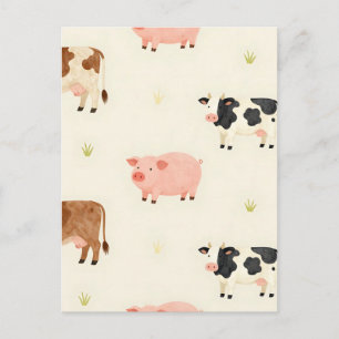 Farm Animals Watercolor Cute Pattern Postcard