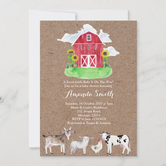 FARM ANIMALS watercolor kraft Baby Shower Invitation (Front)