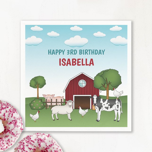 Farm Animals With Red Barn Rural Kid's Birthday Napkin (Creator Uploaded)
